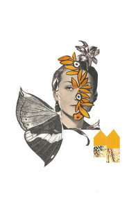 collage papel femenino mujer blanco y negro con detalles florales en amarillo y alas de mariposa