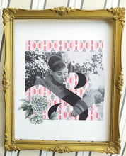Cargar imagen en el visor de la galería, Collage protagonizado por una mujer que aparece en el centro. Está abrazando una S que representa el silencio.  La escena es en blanco y negro con alguna vegetación y flores, se mezcla con un estampado en tonos rojos.