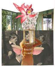 Load image into Gallery viewer, collage analógico fotografía de niños en blanco y negro con fondo floral y orquídea rosa en el centro. tonos ocres, verdes y rosas.