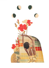 Cargar imagen en el visor de la galería, Collage manual, minimalista en tonos cálidos, representa una mujer que florece con los brazos extendidos hacia la luna, representada en sus distintas fases.