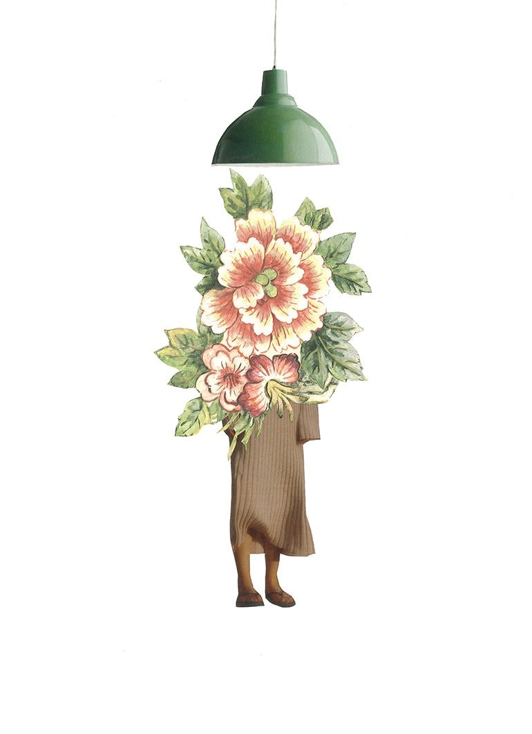 Figura humana que a partir de la cintura hacia arriba florece, encima de la figura una lámpara, metáfora de la luz que se necesita para florecer.