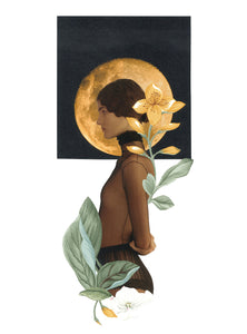 collage manual art print minimalista Mujer floreciendo delante de luna llena. Visión poética de la influencia de la Luna en los ciclos femeninos.