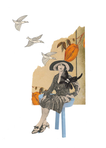 collage analógico original de mujer moda vintage elegante sentada y con pájaros que vuelan hacia su cabeza